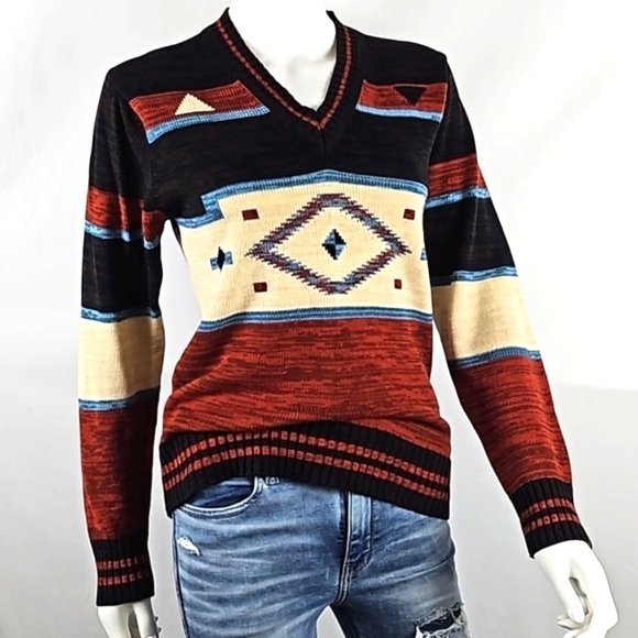 Vintage Sweaters - Vintage 70s JCPenny Rust & Brown V Neck Southwest Aztec Knit Pullover Sweater